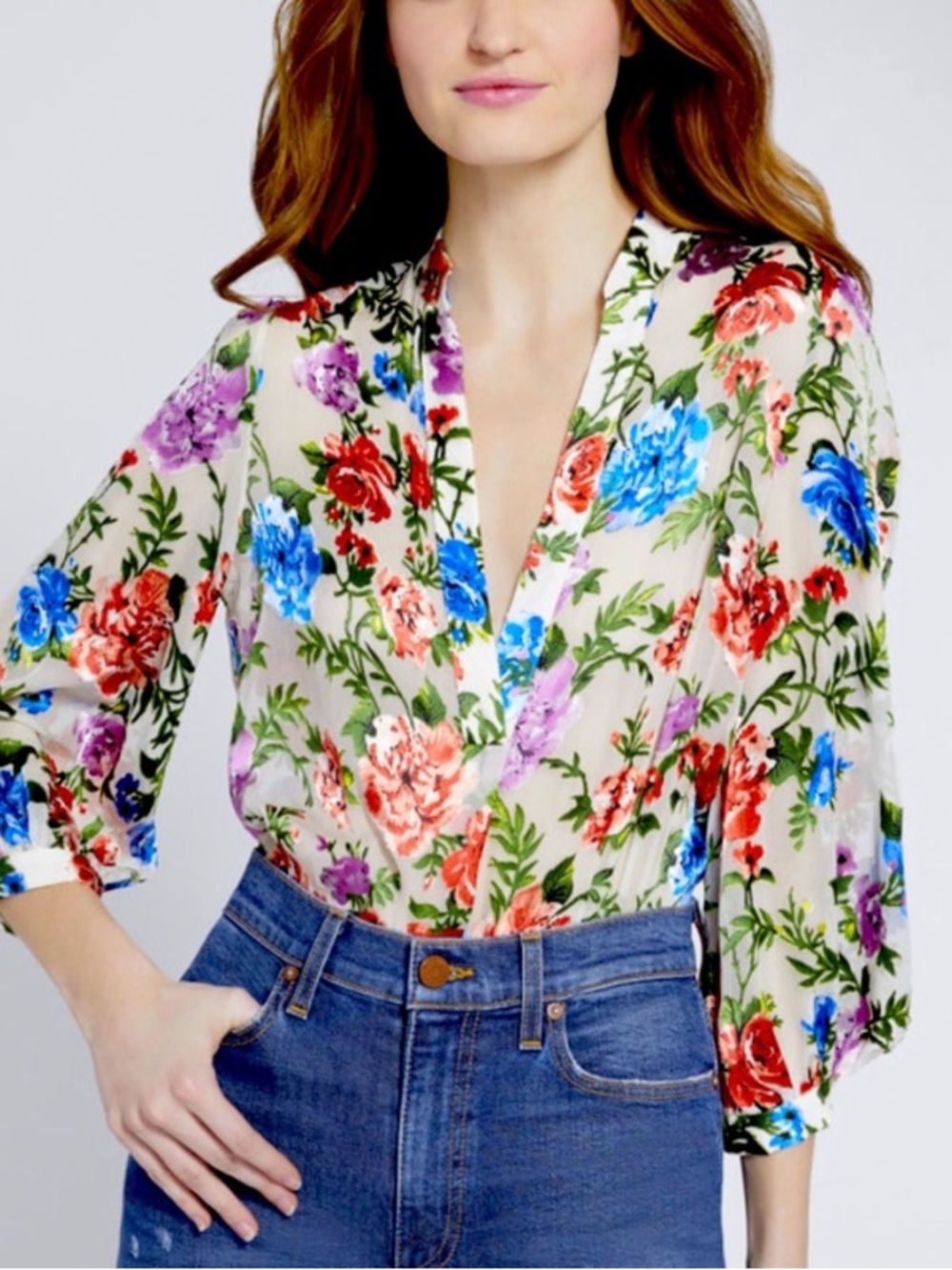 Alice + Olivia Sheila Floral Split Neck Blouse Size Small